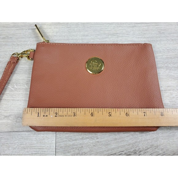 Joy Mangano Leather Wristlet Brown Pebbled Leather Striped Inside - Picture 7 of 8